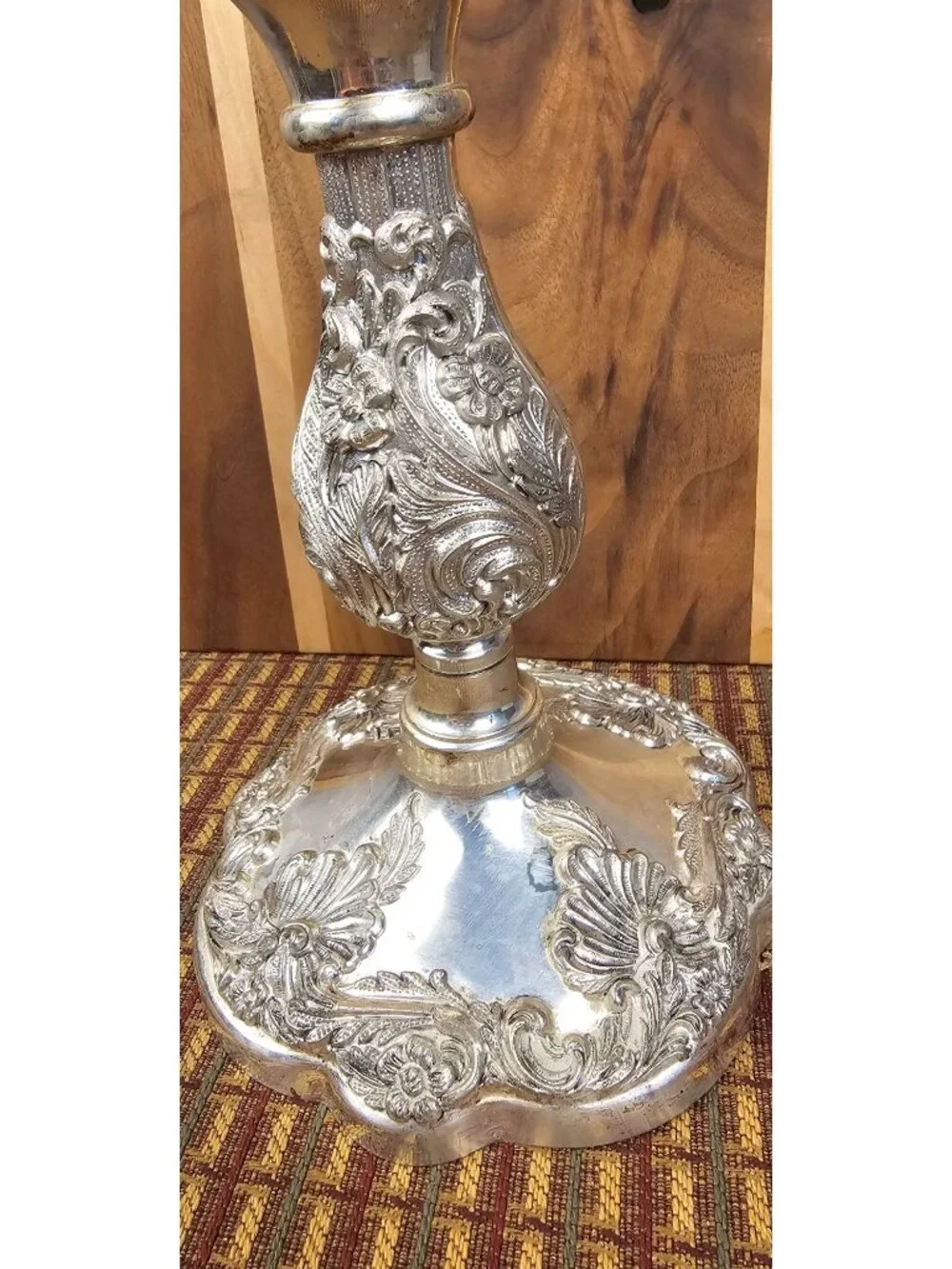 Ornate Silver Tone Candlestick Holder 12 In Tall Floral Scroll Metal Table Decor
